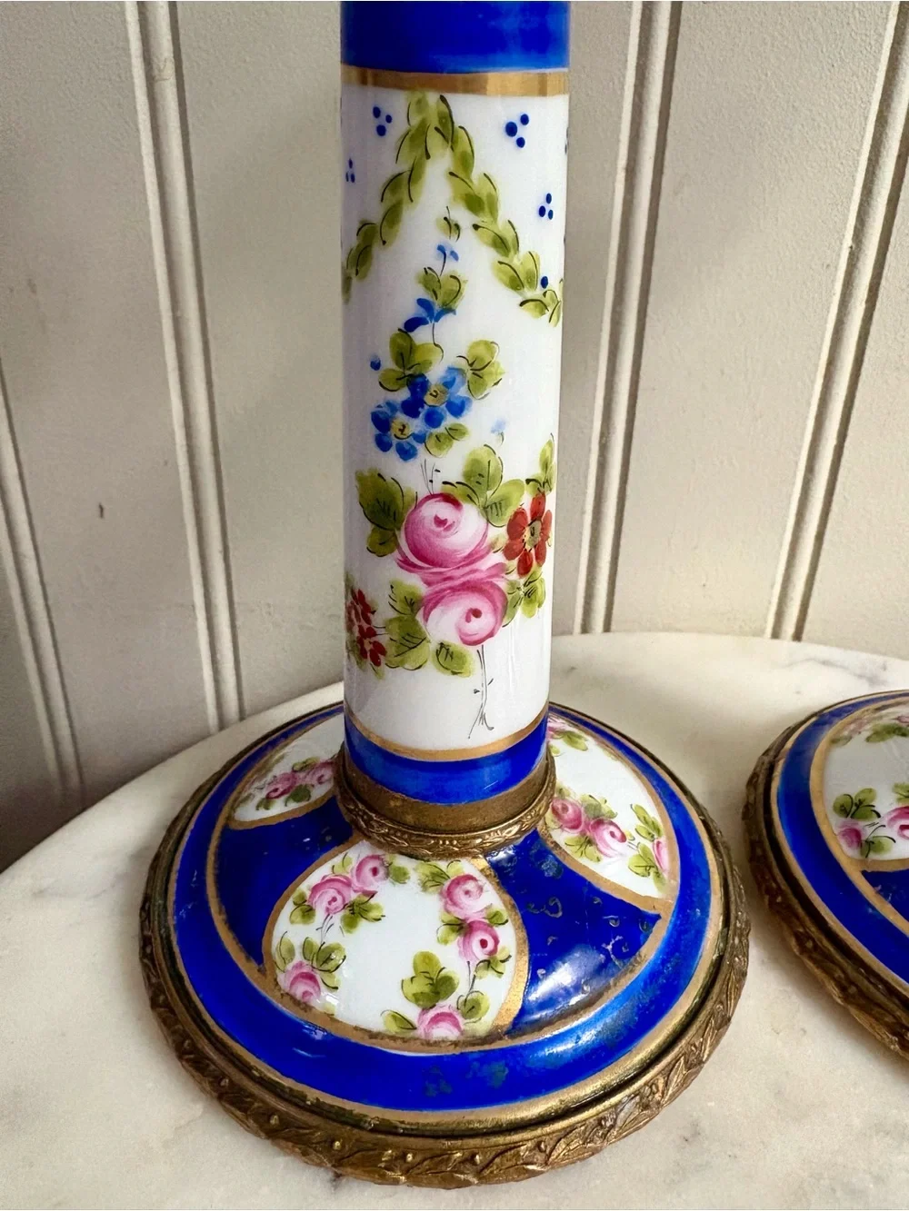 Antique L.P. Paris Sèvres-Style Porcelain & Bronze Hand-Painted Candlesticks VTG